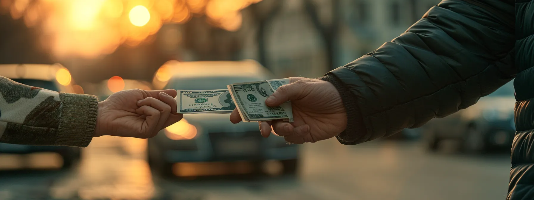 Hands exchanging cash against a sunset backdrop, symbolizing financial transactions related to road test scheduling in New York.