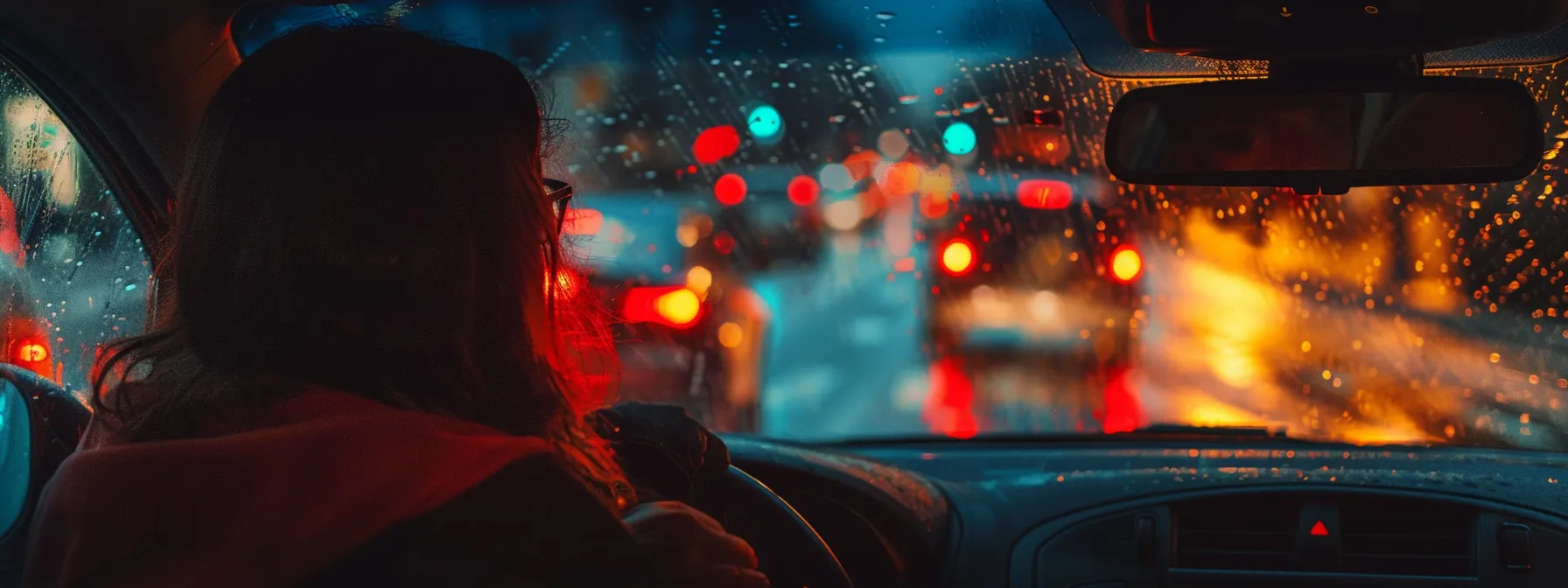 Driver navigating through rainy traffic, focused on the road ahead, with colorful brake lights and traffic signals illuminated in the background.