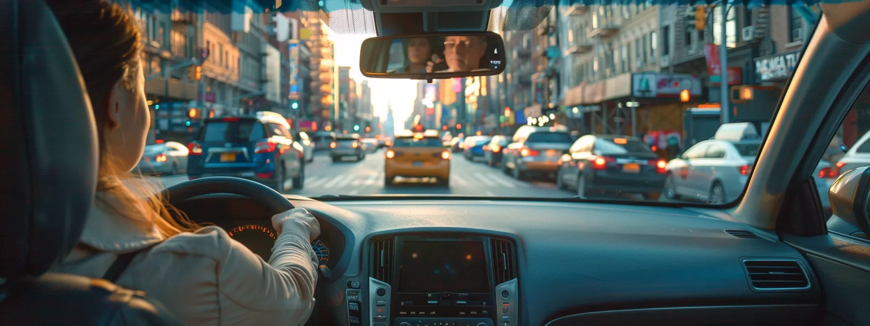 Driver's perspective from a car navigating through busy New York City streets, showcasing traffic and urban scenery, emphasizing the importance of understanding state driving regulations for the road test.