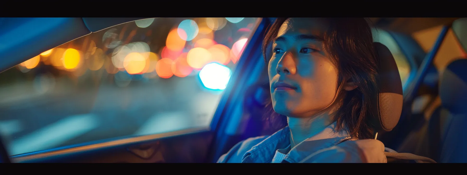 Person sitting in a car with a focused expression, illuminated by colorful city lights and police lights, reflecting the atmosphere of a driving test scenario in New York.