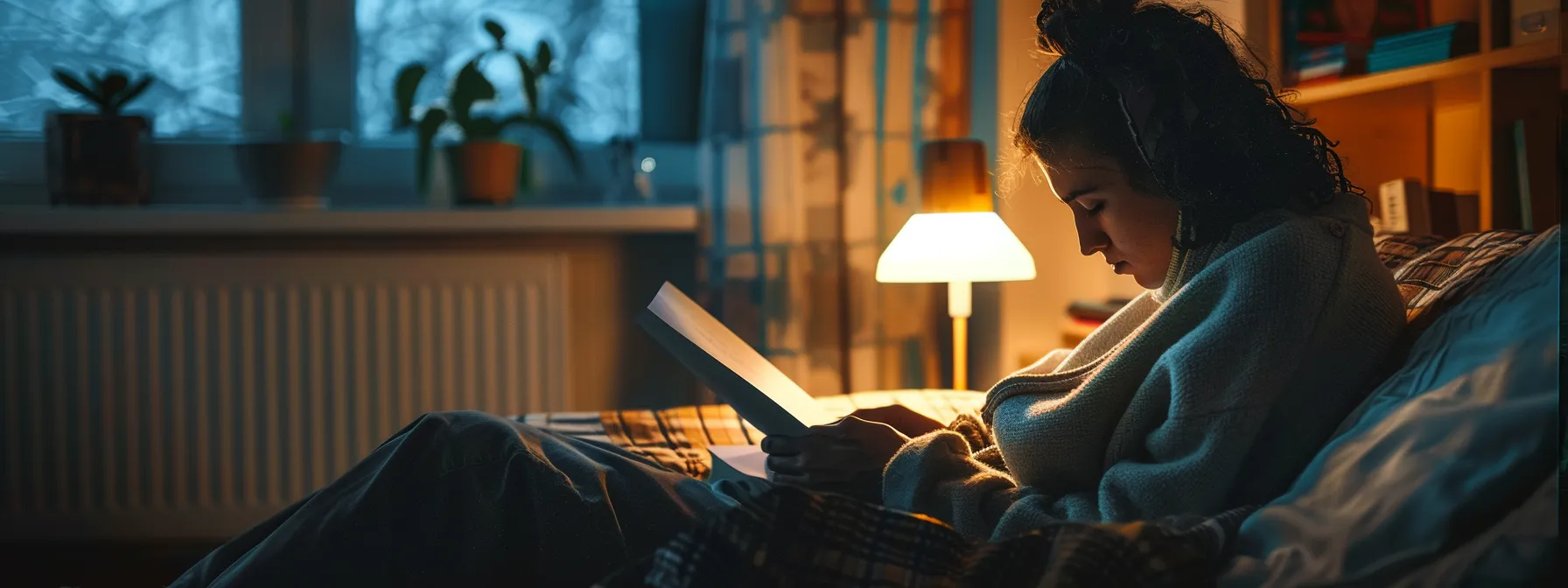 Young woman reading a book in a cozy indoor setting, illuminated by warm lamp light, with plants visible in the background, emphasizing relaxation and focus on study.