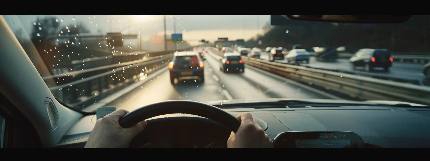 Driver's hands on steering wheel with a view of a busy highway, emphasizing road safety and awareness for driving test preparation in New York.