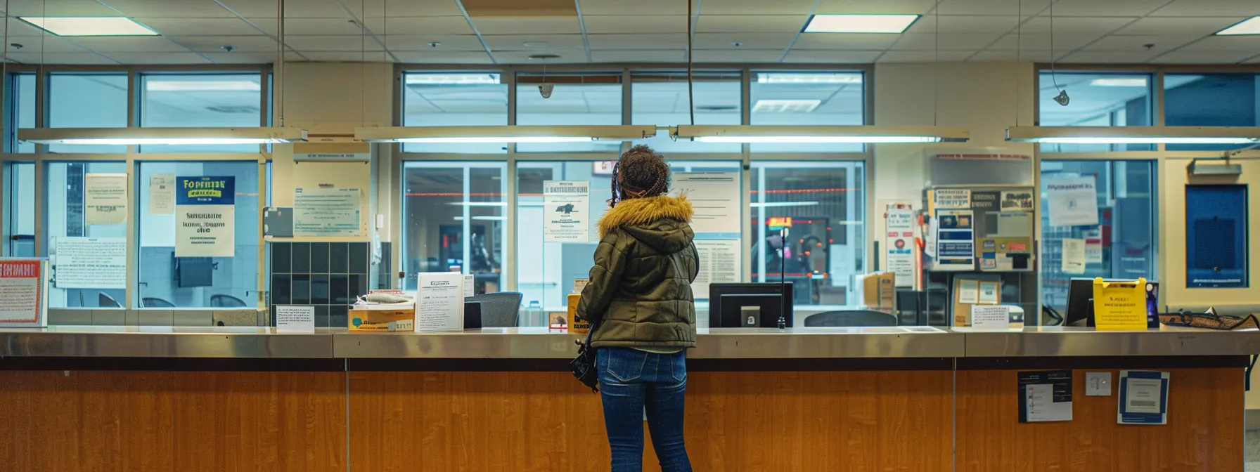 a person standing at a motor vehicle office counter, submitting their application for a ny driver's license.