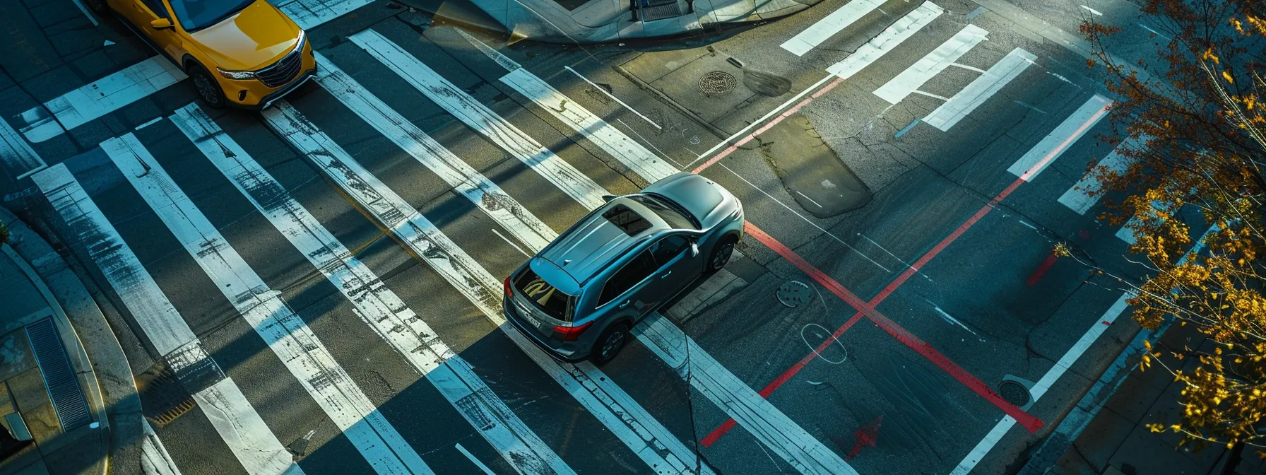 Aerial view of a gray vehicle navigating a crosswalk in New York City, with yellow taxi in the background, illustrating urban driving conditions relevant to DMV road test preparation.
