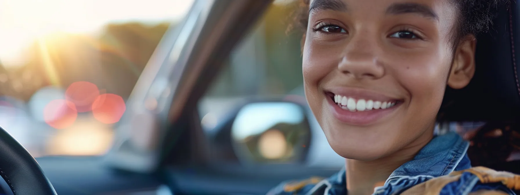 a teenager smiling confidently at the camera while wearing a comfortable outfit for their driver's license photo.