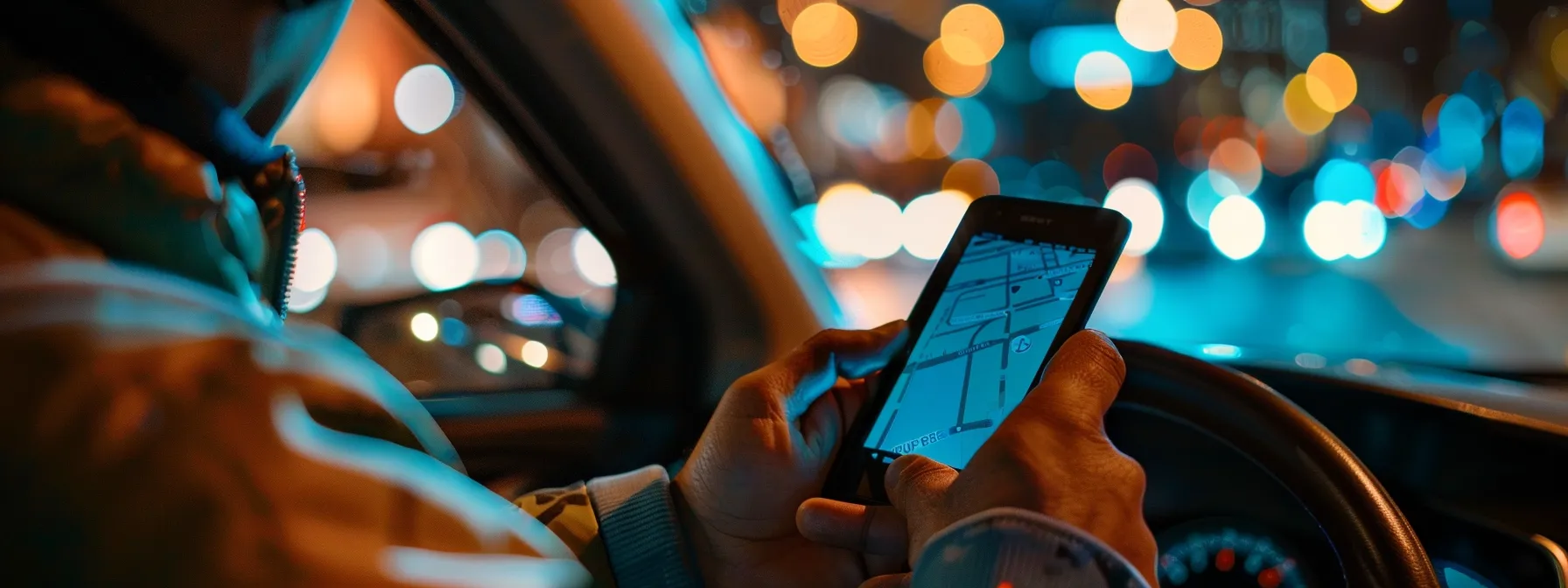 Person using a smartphone with a map app while driving at night, emphasizing navigation and preparation for the New York State road test.