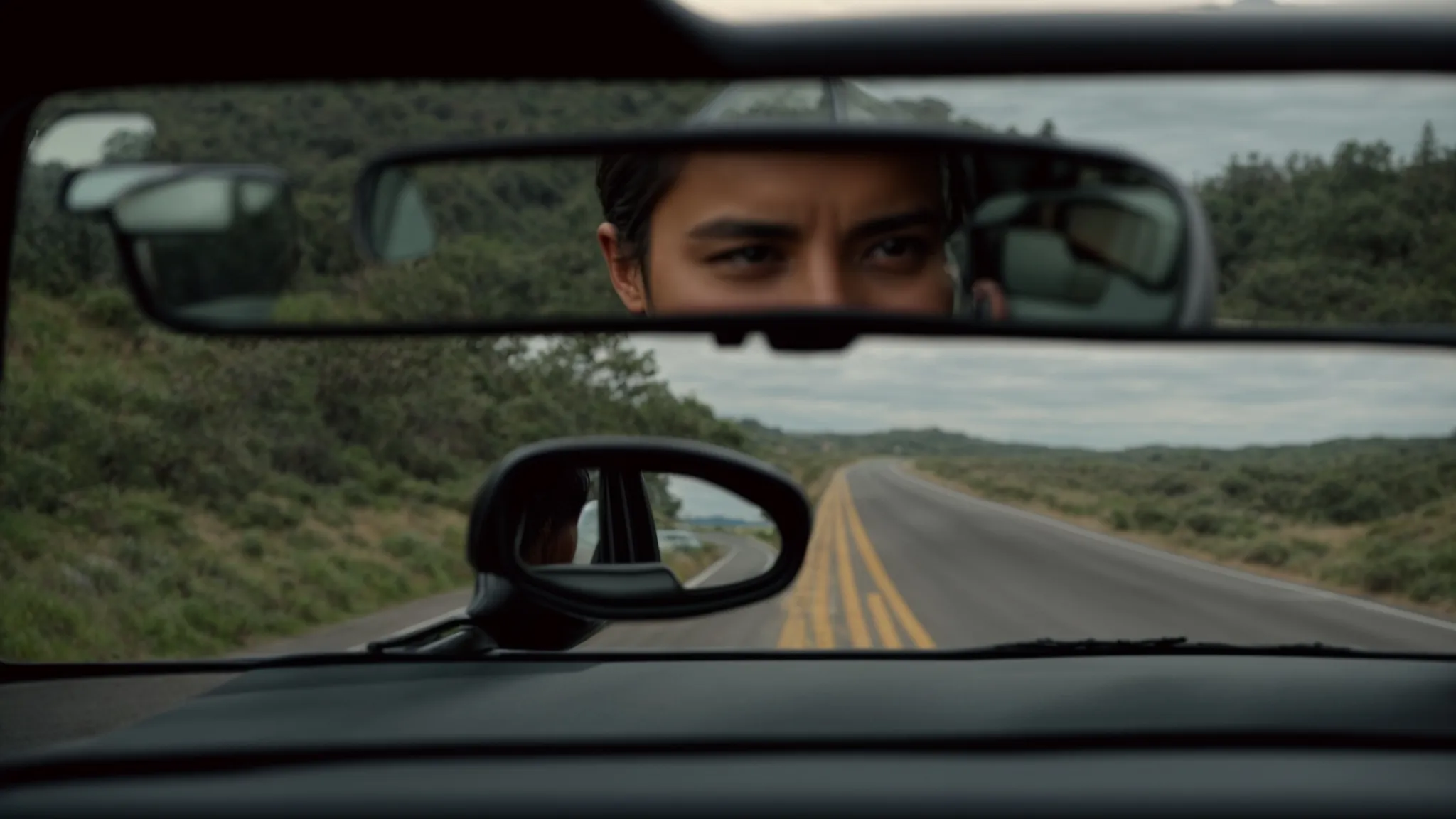 a person calmly adjusting the rearview mirror in a stationary car, focusing intently on the road ahead.