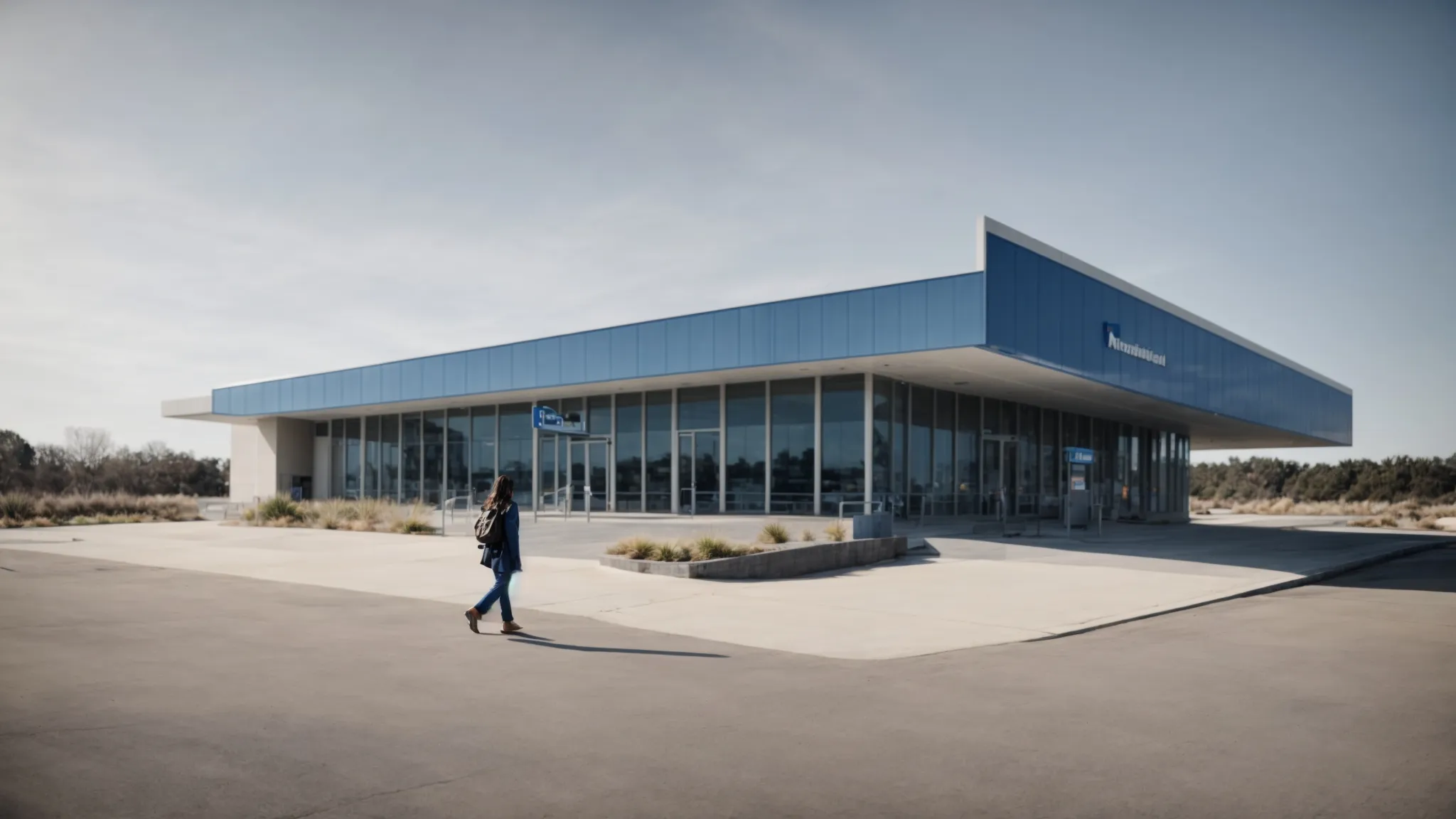 a person confidently walking towards the entrance of a modern dmv office under a clear sky.