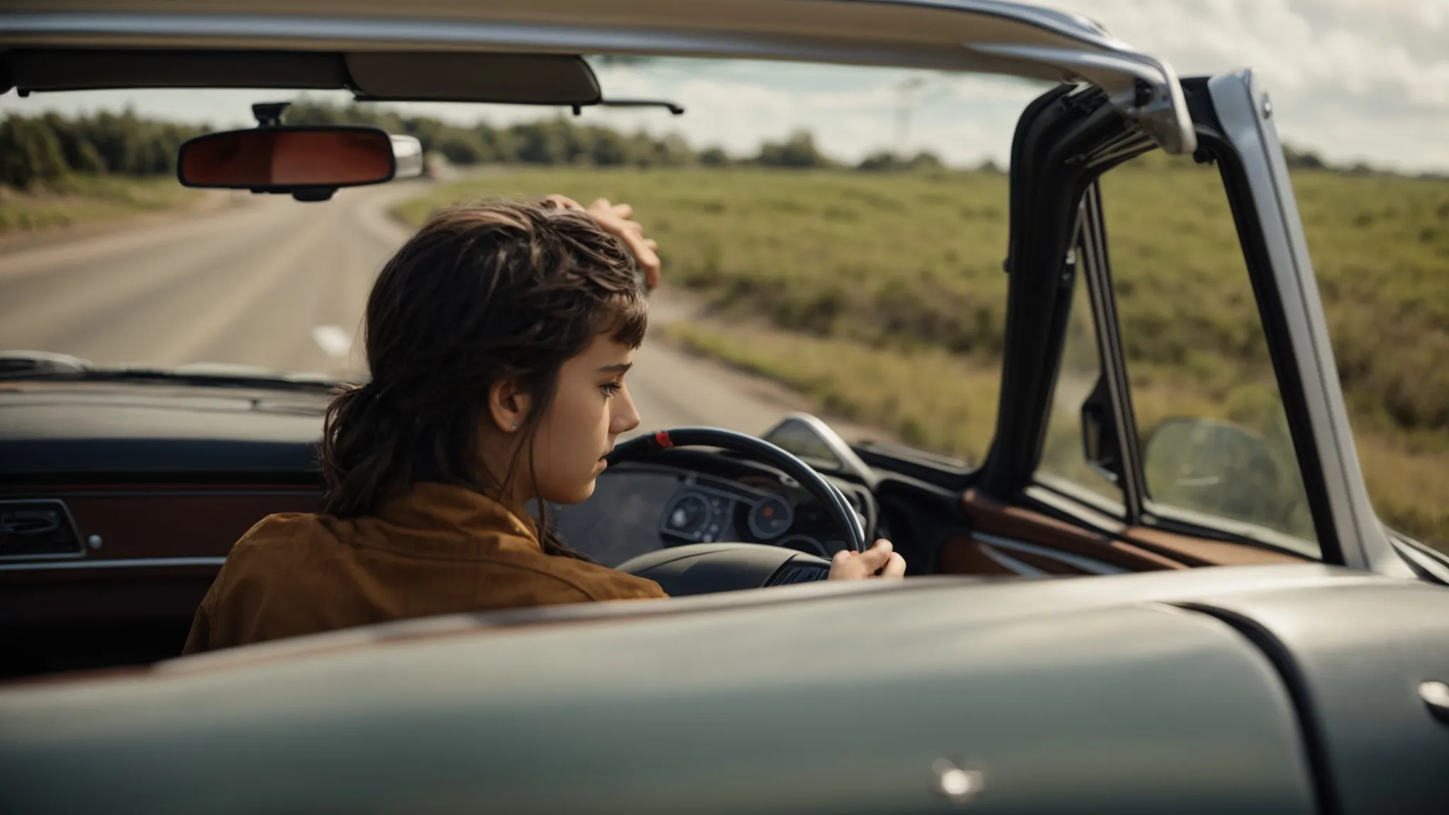 a teenager sitting behind the steering wheel of a car, focused on the road ahead during a driving lesson.