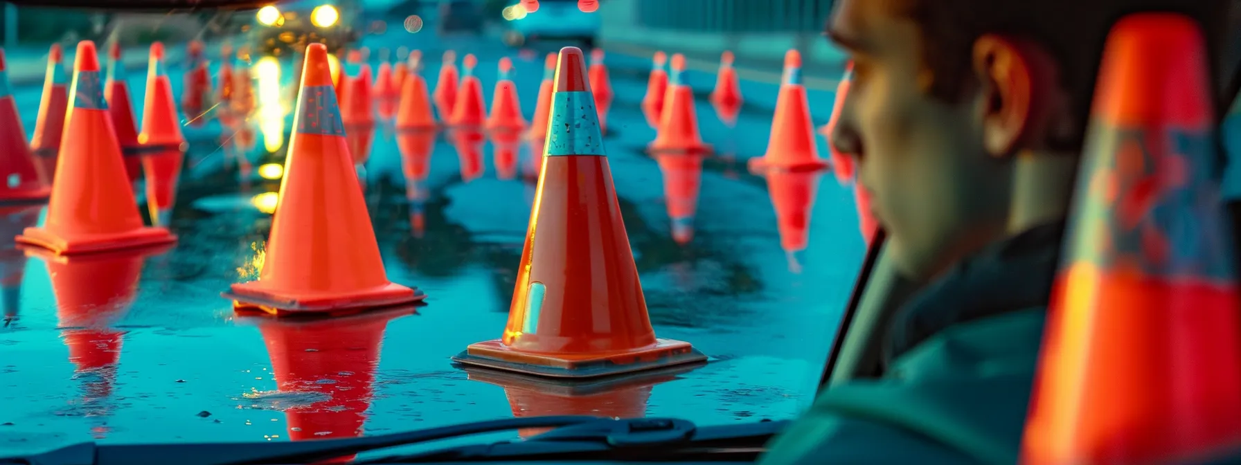 Driver inside a vehicle observing orange traffic cones arranged on a wet road, emphasizing preparation for NYC DMV road test maneuvers and control of vehicle navigation.