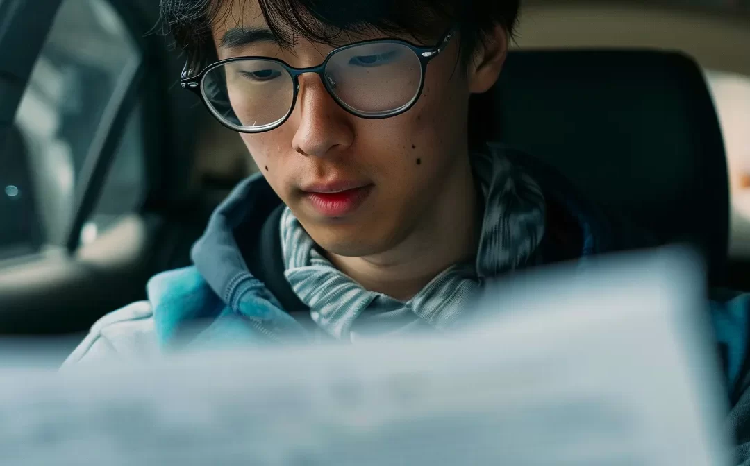 Young man reading a document in a car, focusing on studying for a New York driving test, emphasizing preparation and understanding of road rules.