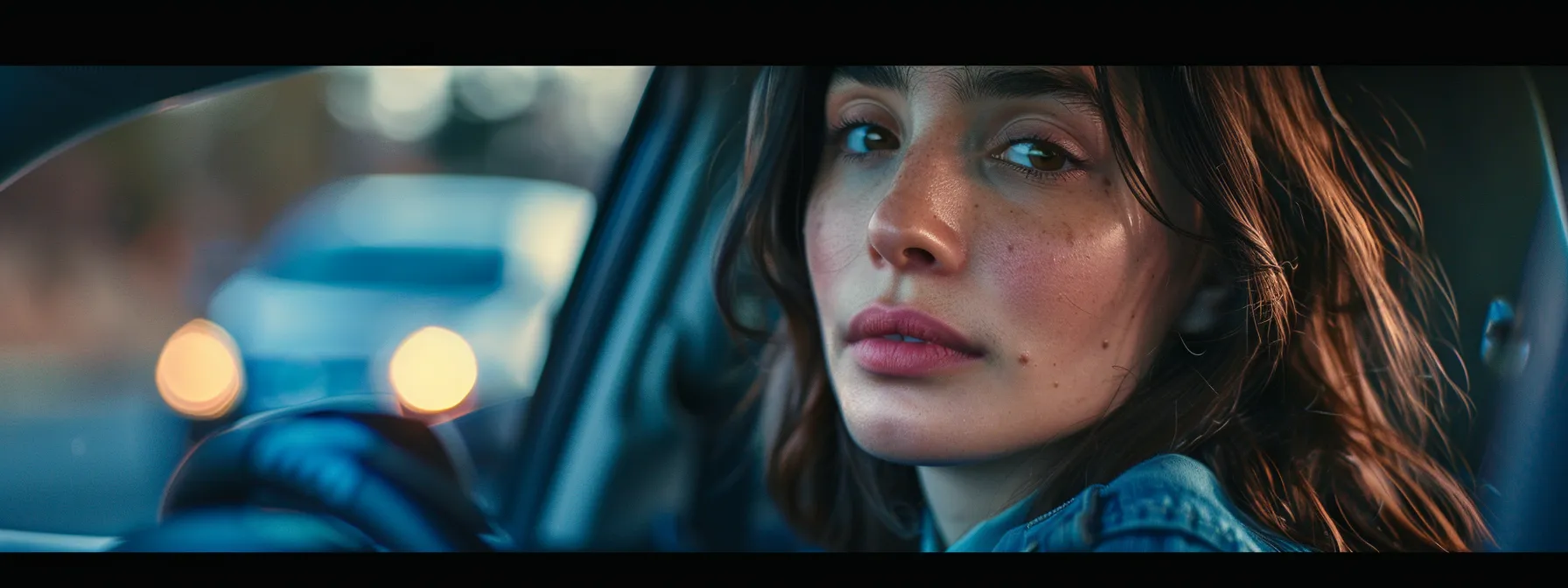 a nervous teenager sitting in a car outside the dmv building, waiting to take their driving test.
