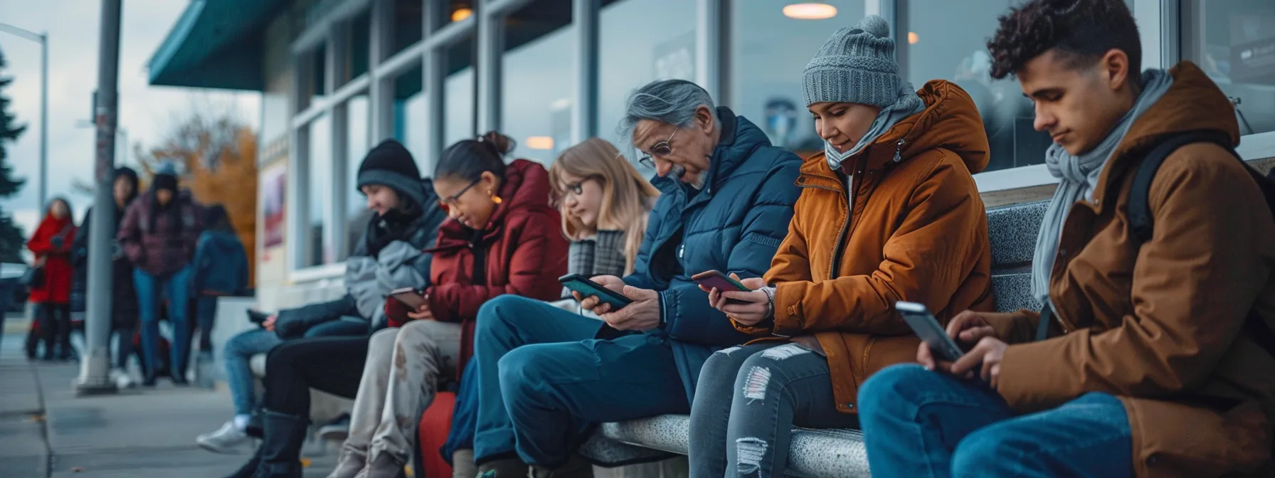 a diverse group of individuals of different ages and backgrounds excitedly waiting outside a dmv office, looking at their phones while scheduling their road test appointments online.