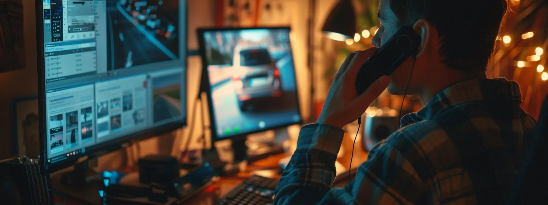 a person chatting on the phone, looking at a computer screen with a road test website open.