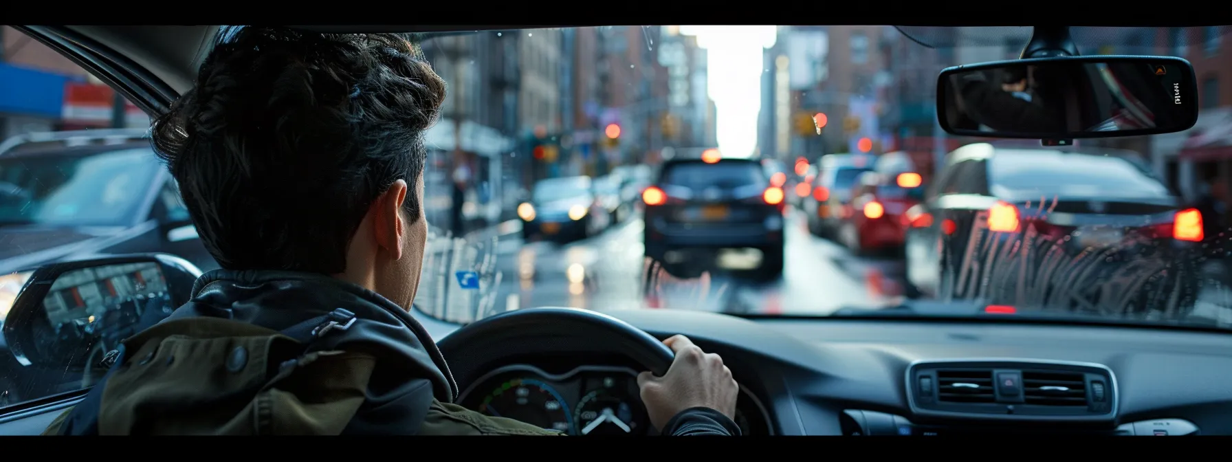 Person driving in NYC traffic, focusing on navigating urban streets and observing road conditions, relevant to DMV road test preparation.