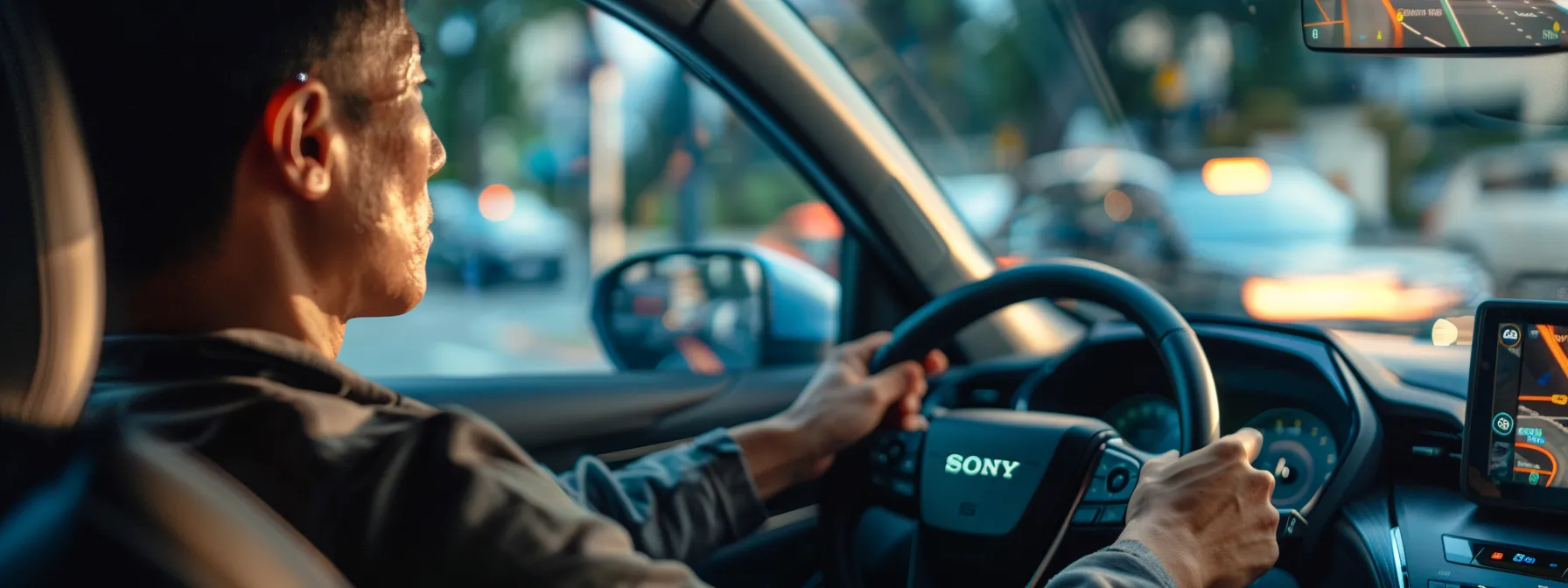 Person driving a car, focusing on steering wheel and dashboard, with city traffic visible outside, illustrating the experience of new drivers preparing for DMV road tests.