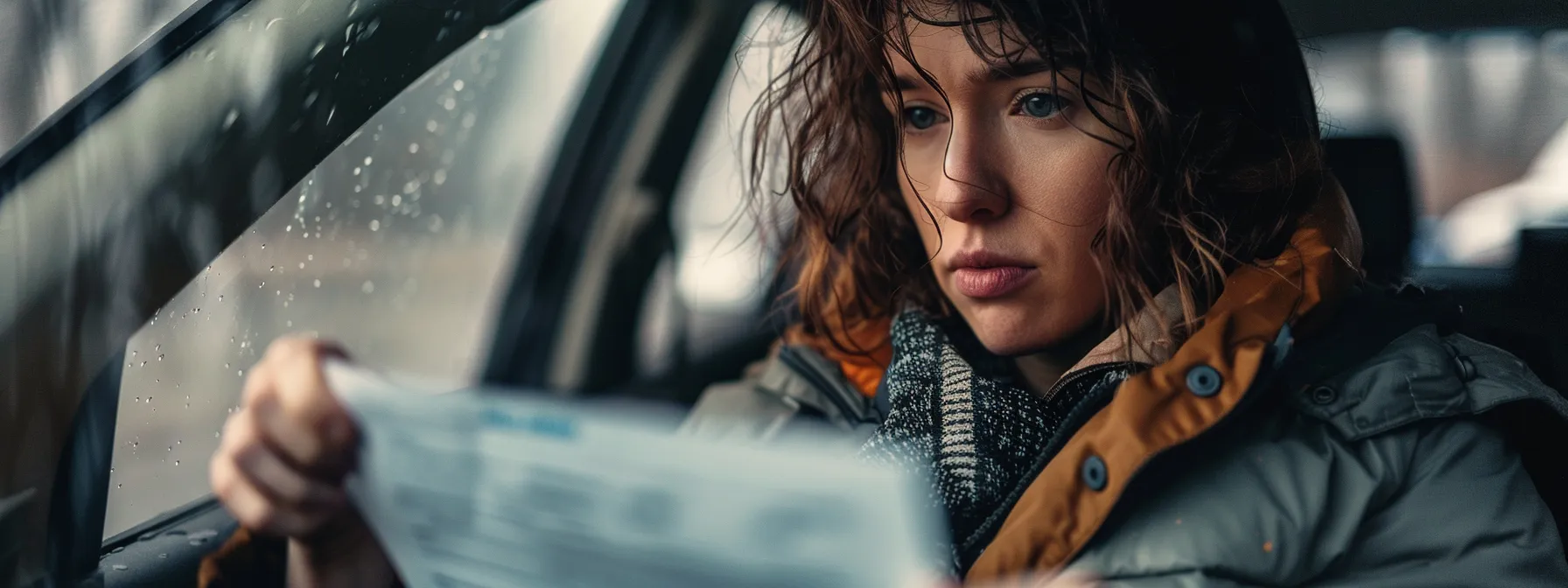a person sitting in a car, looking focused and confident, with a checklist in hand and a determined expression on their face.