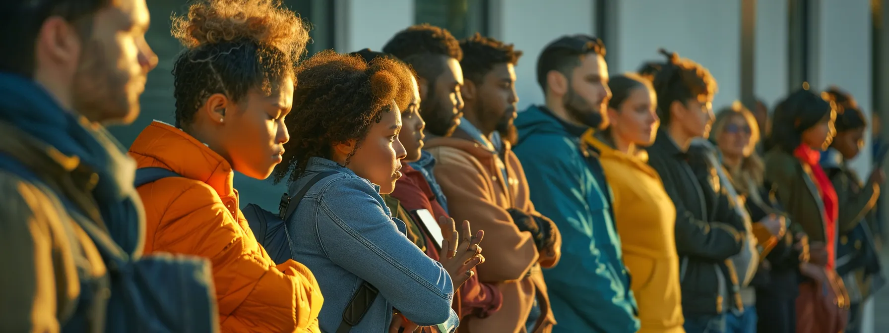 a line of diverse individuals eagerly waiting outside a testing center, with a sense of relief and satisfaction evident on their faces as they prepare for their road test appointments.