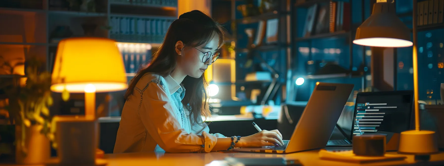 a person studying and taking an online 5 hour pre licensing course on a laptop at a modern, well-lit workstation.