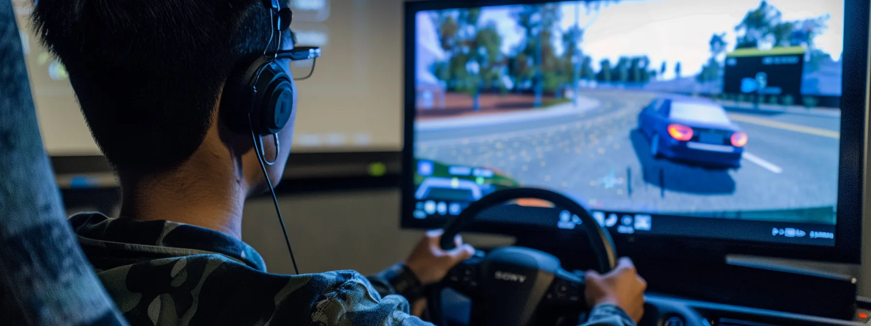 a student watching interactive driving simulations on a laptop screen.