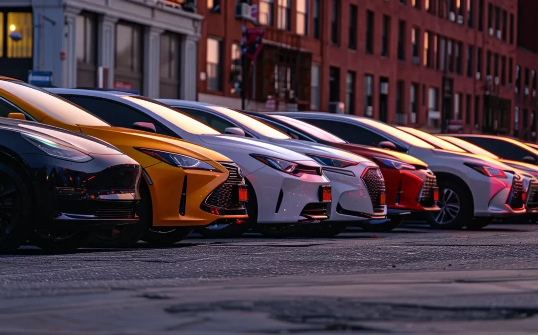 a lineup of diverse cars waiting outside the new york road test site.