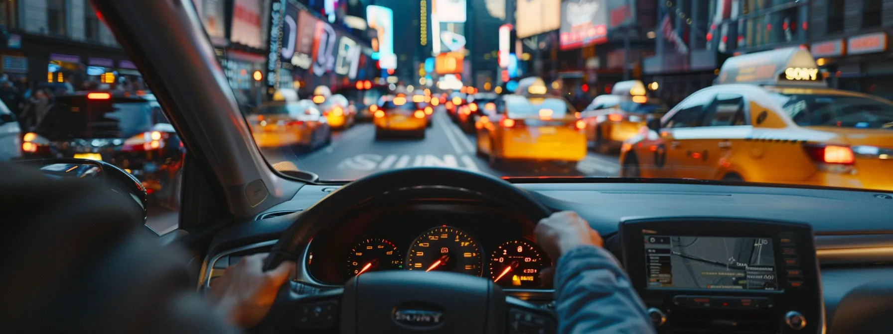 driving a sedan through the busy streets of new york city with a class d license.