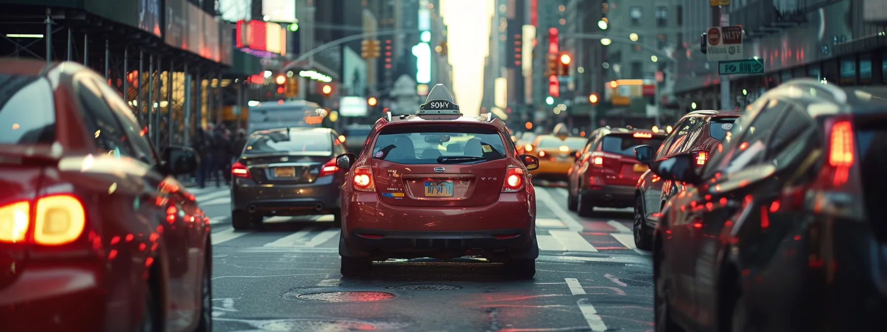 an anxious driver trying to parallel park between two cars on a crowded new york city street during a driving test.
