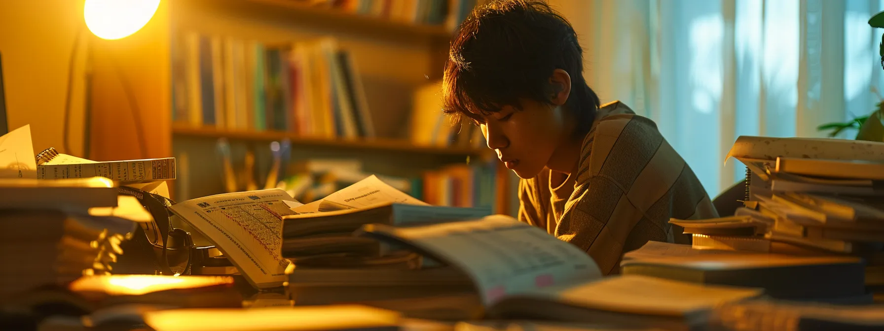a person studying for a driver's test with a pile of study materials and practice tests scattered around them.