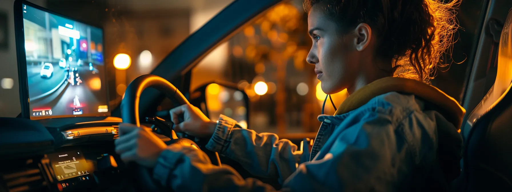 a person sitting at a computer with a stable internet connection, accessing an online driving course.
