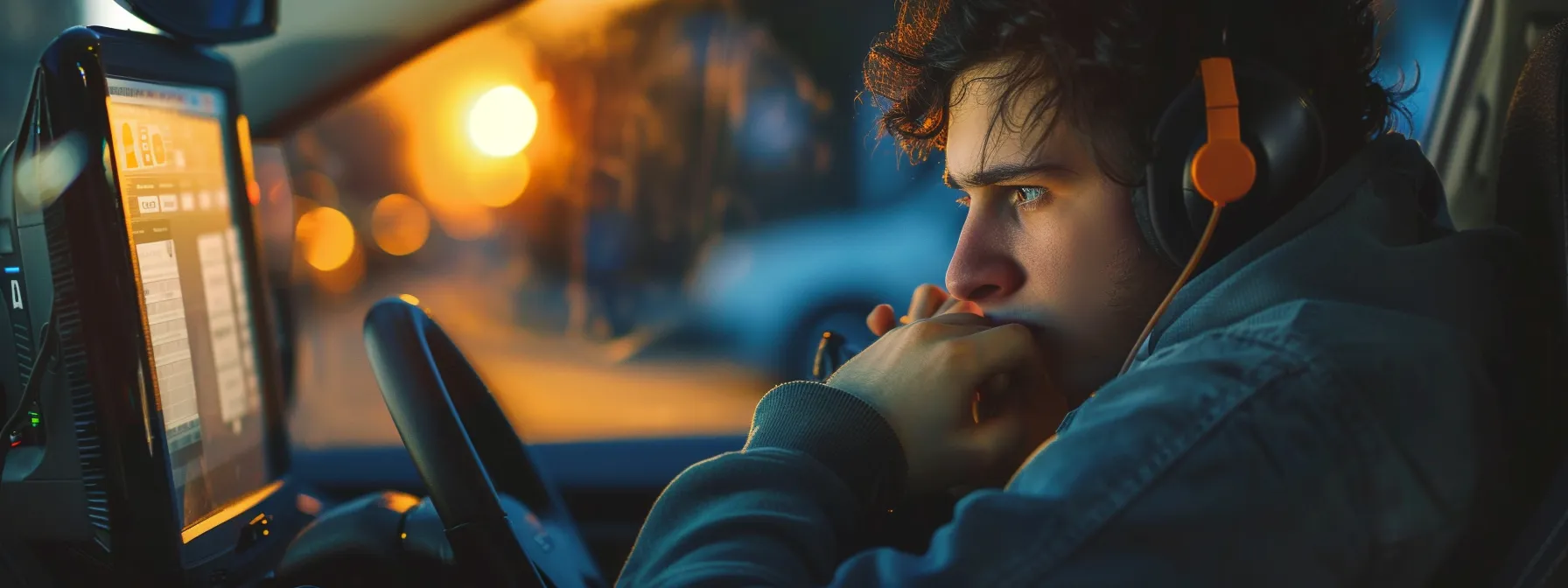 an aspiring driver nervously taking a practice test on a computer at a new york dmv office.