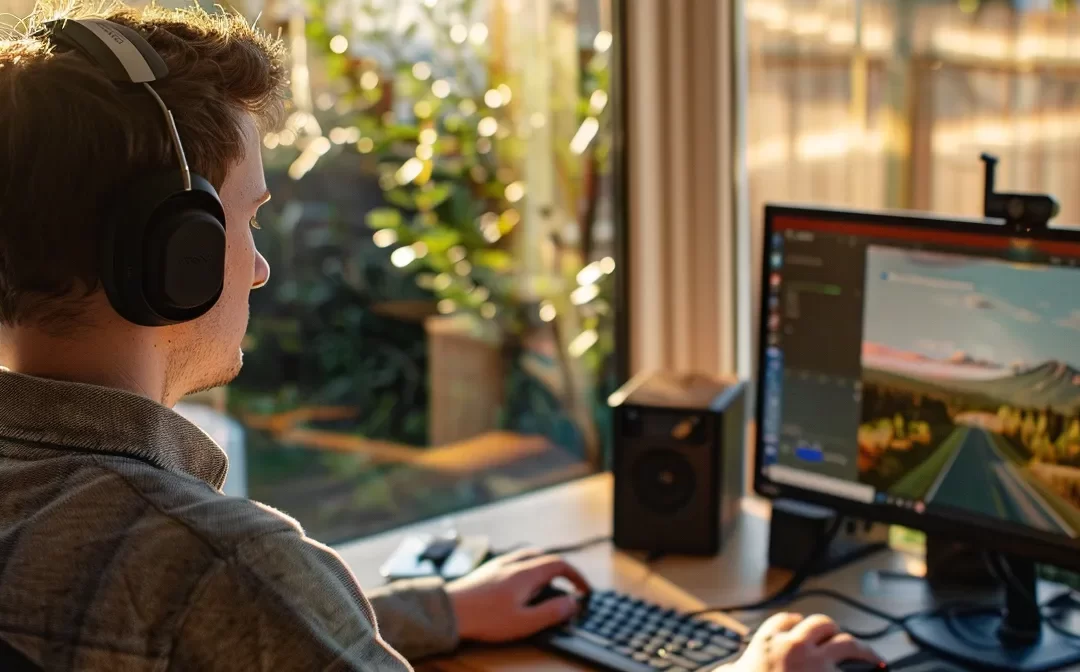 a person sitting at a computer completing an online driving course.