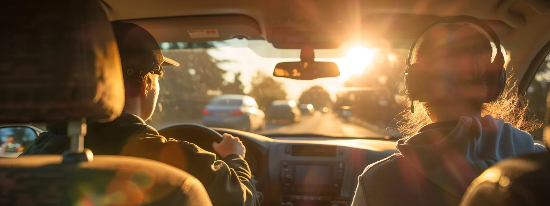 a student driving a car during a road test with an examiner sitting beside them.