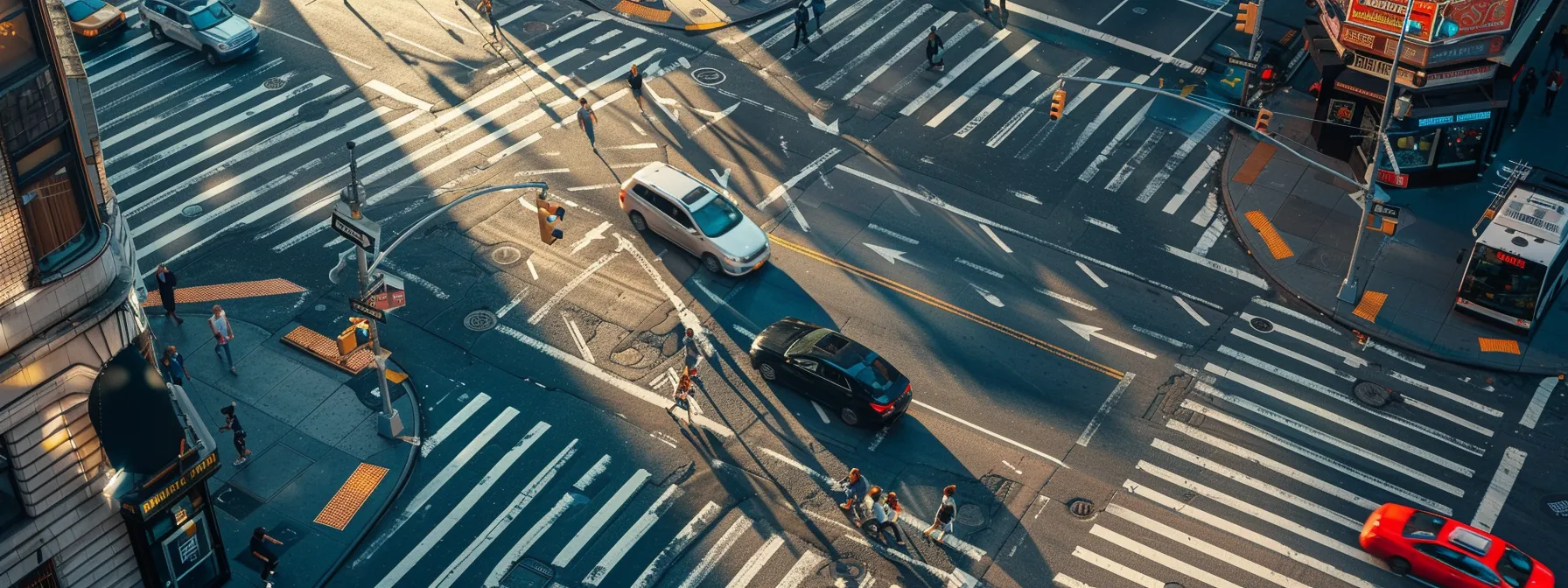 a car navigating a busy intersection with multiple lanes and traffic signs in new york city.