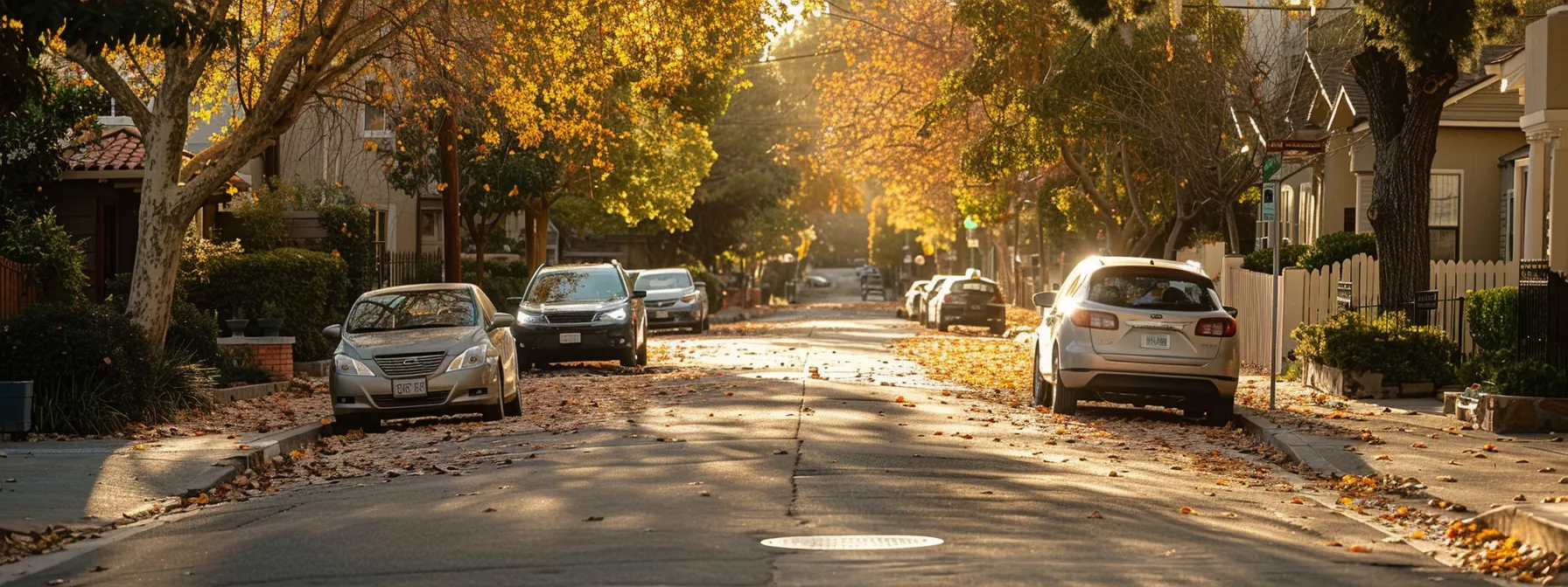 a person practicing parallel parking on a quiet street.