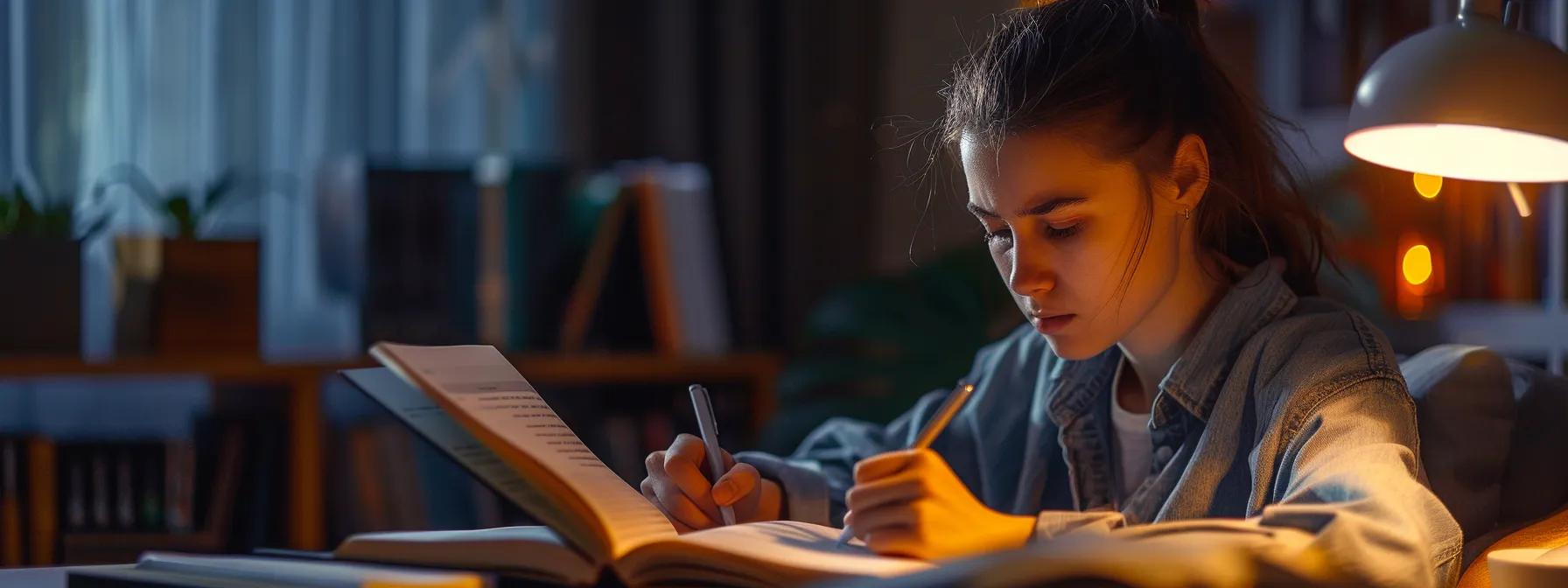 a person studying the new york state driver's manual at a desk with a focused expression.