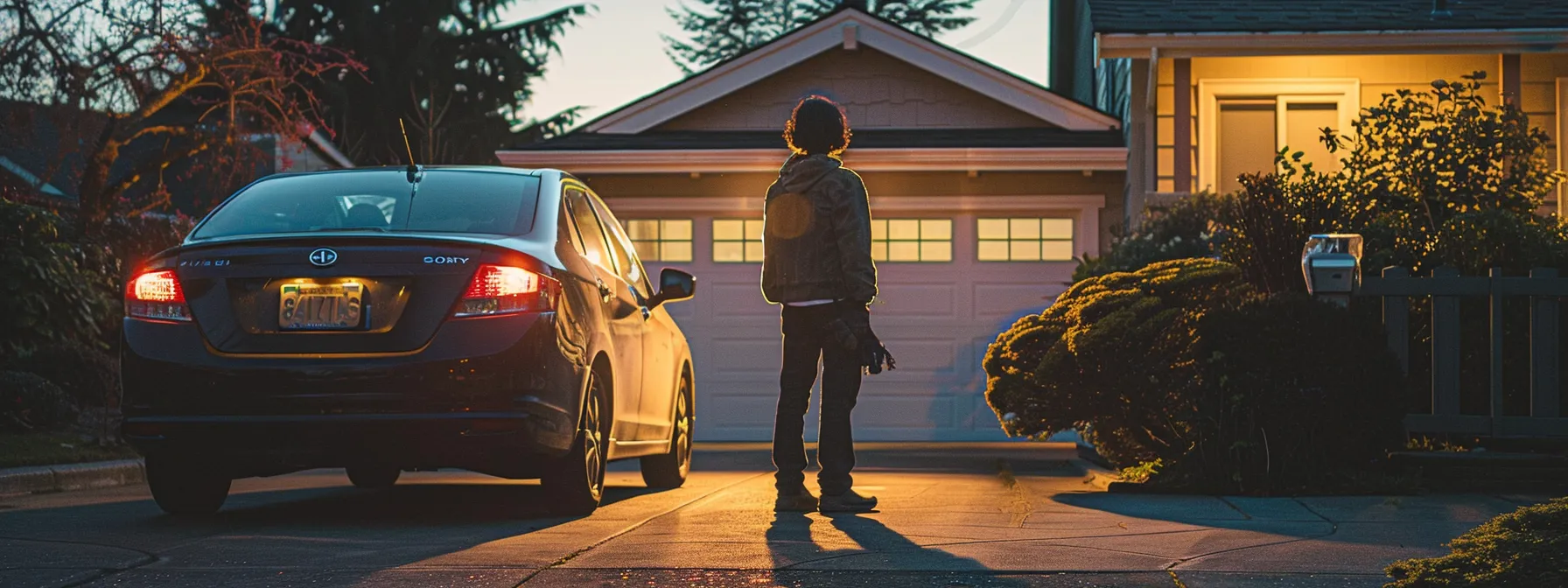 Person standing next to a parked car in a residential driveway, preparing for a DMV road test, with warm evening light illuminating the scene.