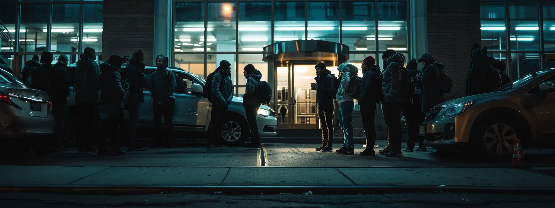 Group of people waiting outside a building in NYC, dressed in winter clothing, preparing for their DMV road test.