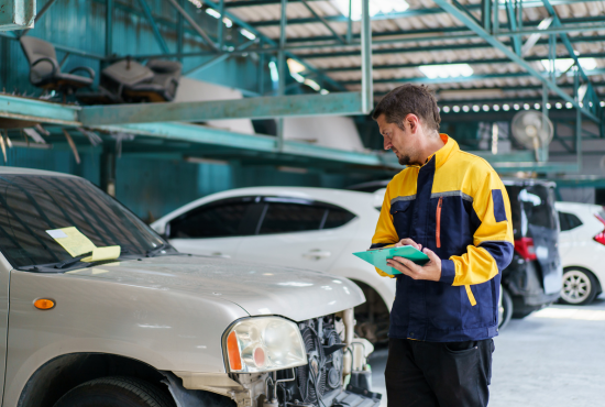 Mechanic inspecting vehicle in garage with clipboard, emphasizing essential car maintenance for road safety.