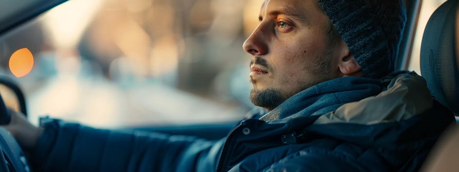 Man driving a car, focused expression, wearing a beanie and winter jacket, emphasizing preparation and confidence for NYC DMV road test.