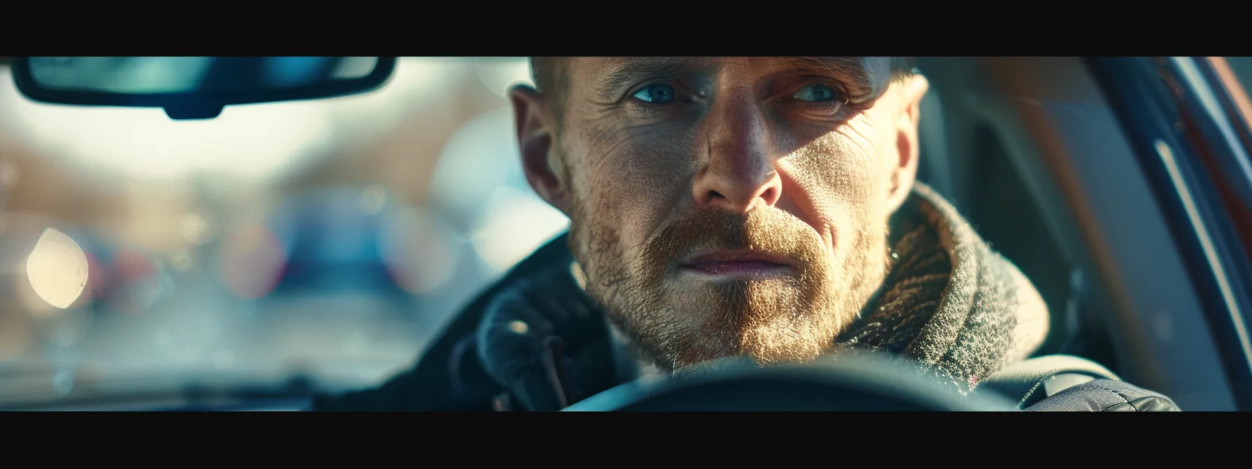 a nervous driver sitting behind the wheel of a car at the start of a road test.