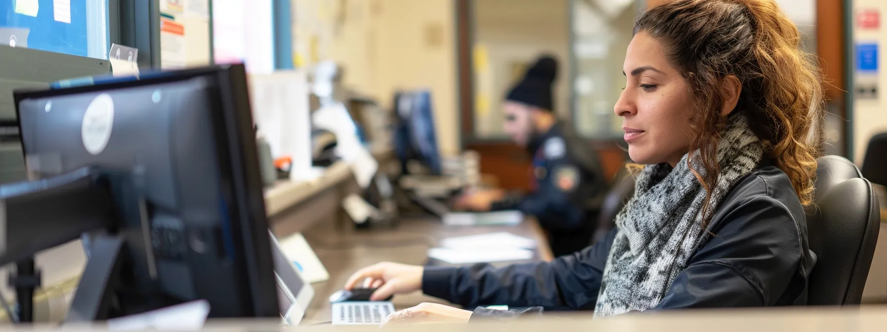 drivers checking results and discussing next steps at a dmv office in new york.