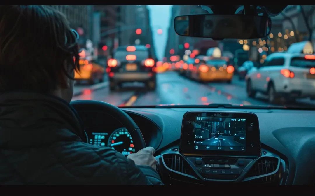 a person sitting inside a car taking a road test in nyc.