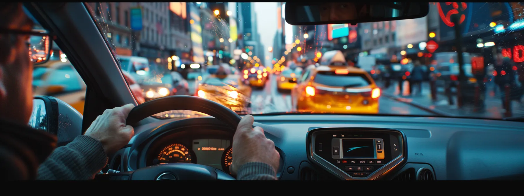 a driver nervously navigating a bustling nyc road test course.