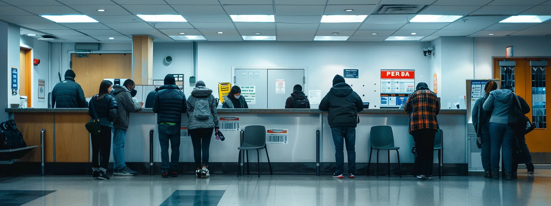 a person waiting in line at a new york dmv office with documents in hand.