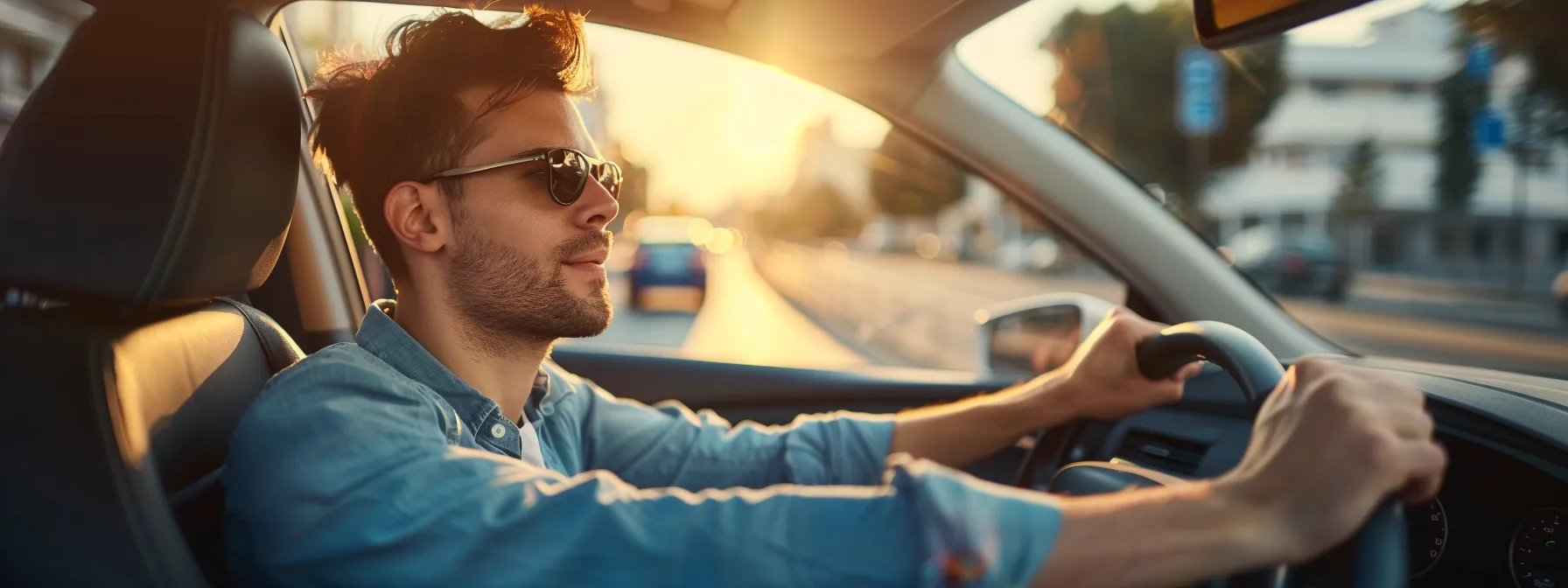 a young driver confidently navigating the road with a passenger.