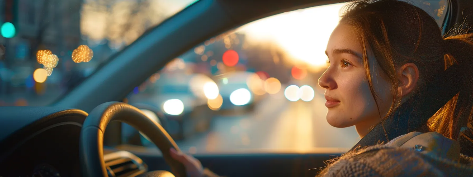a teenager behind the wheel, navigating city traffic with a learner's permit.