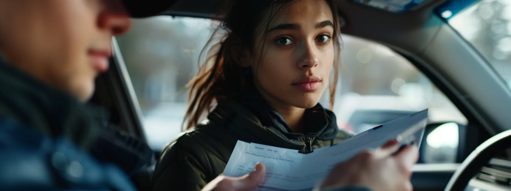 Young woman in a car receiving instructions and documents, reflecting the NYC DMV road test process and the importance of understanding test results.