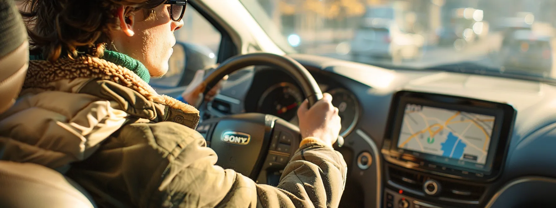 a person sitting behind the wheel of a car, ready to drive, with a map of new york state in the background.