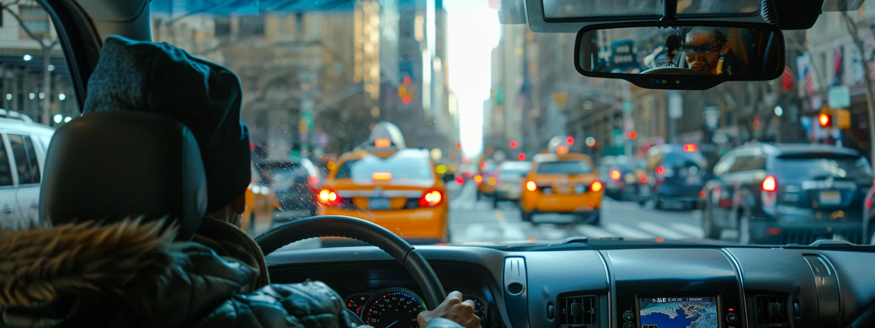 a person driving a standard passenger vehicle in new york city.