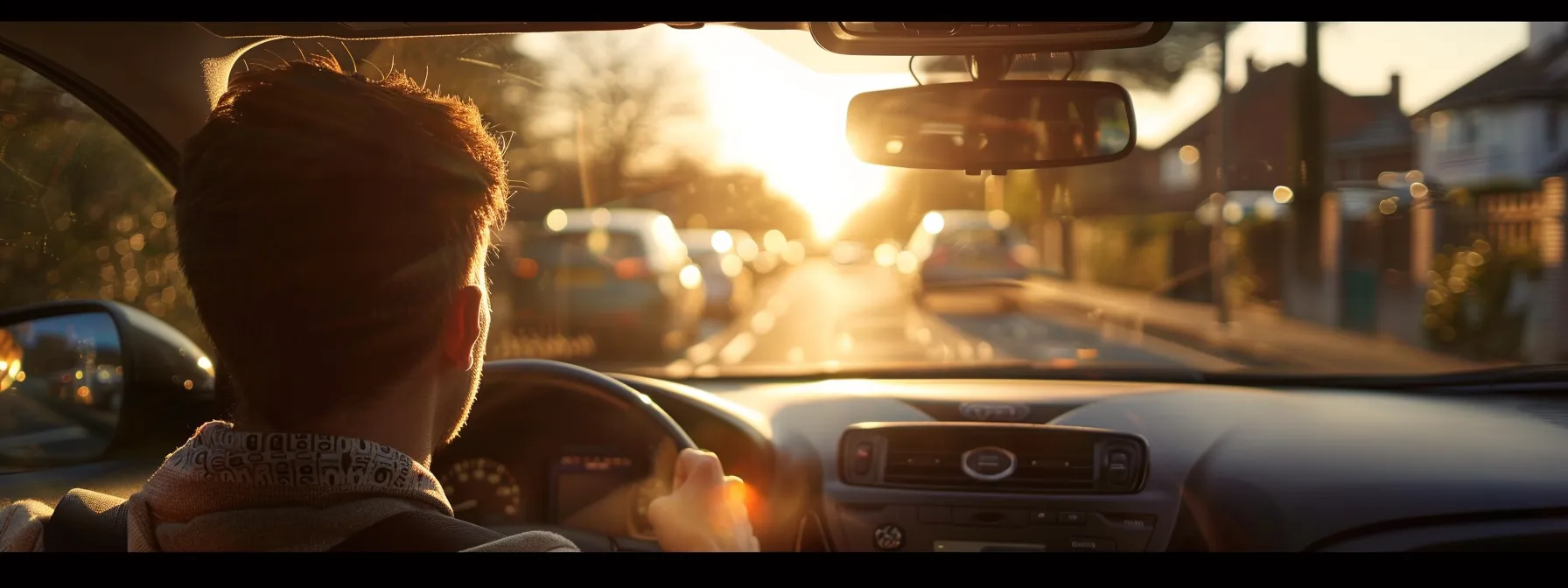 Driver's perspective from inside a car, hands on the steering wheel, navigating a sunlit street, symbolizing preparation for a New York DMV road test.